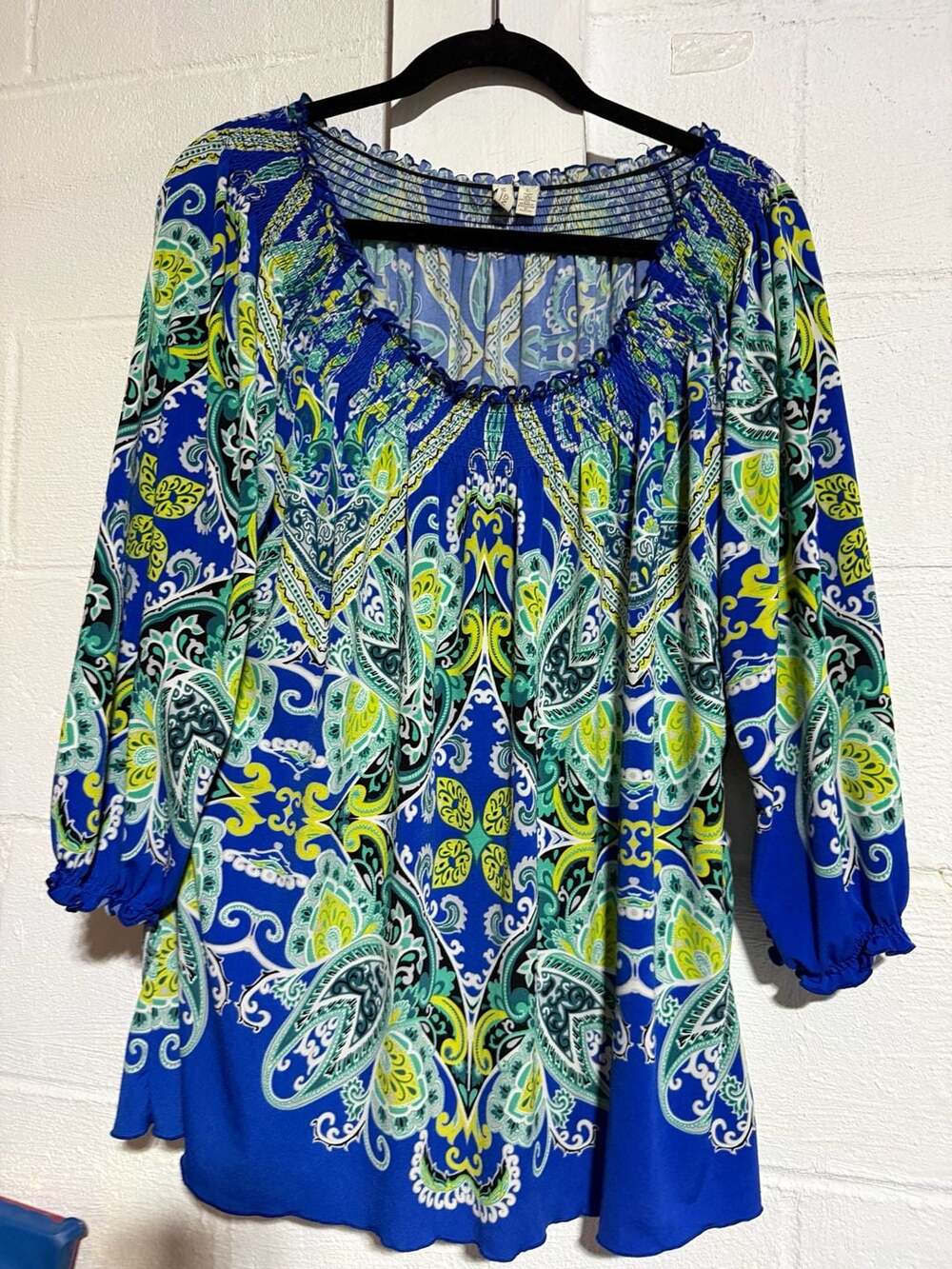Madison Blue Green Paisley Print Shirred Neck Long Sleeve Blouse large